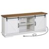 farmhouse tv stand with power outlets to 75 inches, modern entertainment center with sliding barn door and storage cabinets, media tv console table for living room, white and walnut