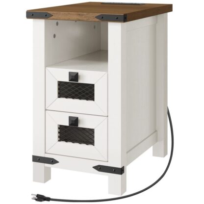 Endebord med ladestation, Farmhouse smal sidebord med opbevaringsskuffer, Natbord med USB -porte og forretninger, til små rum, Stue, Soveværelse, Hvid og valnød