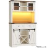 Tall Coffee Bar Cabinet, Farmhouse Bar Cabinet with Light and Power Outlet, 70.8" Buffet Cabinet with Storage, Sliding Barn Door, Glass and Wine Rack, 2 Drawers, White and Walnut