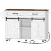 Isola cucina con presa di corrente, Rolling Kitchen Island con porte del fienile, Carrello da cucina su ruote, Tavolo dell'isola della cucina con cassetto, Scaffali aperti, per la cucina, Bianco e Noce