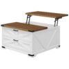 Sollevare tavolino da caffè con deposito, 31.5" grande tavolino quadrato con 2 cassetti, Grande spazio nascosto, Tavolino bianco da cattedra per soggiorno, ufficio a casa, bianco e noce
