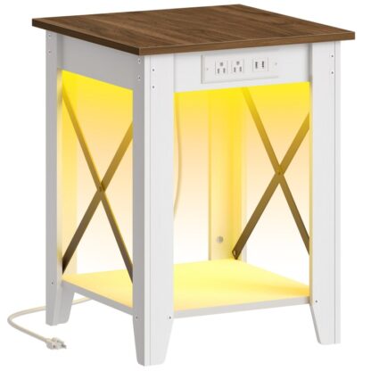 Stół końcowy wiejskiego ze stacją ładowania i światłem LED, 17.7" Square Sofa Stoler z otwartymi półkami do przechowywania, Rustykalny drewniany stolik nocny do salonu, Sypialnia, Biały i orzech