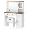 Bureau de vanité blanche avec miroir, Lumières et station de recharge, Ensemble de meuble-lavabo avec plateau en verre et tiroirs, Coiffeuse avec miroir, Tabouret & Support pour sèche-cheveux, Blanc et Noyer