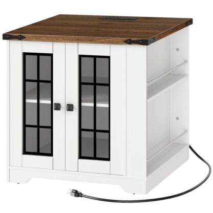 TABELLO DI FORMAZIONE COMMERCIALE con stazione di ricarica, 24" Grande divano tavolino con ripiani laterali, Comodino quadrato con porta della stalla di vetro, Grande stand notturno per soggiorno, Bianco e Noce