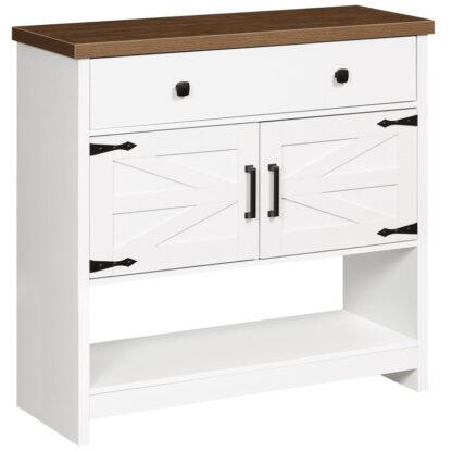Farmhouse Console Table med stor skuffe og 2-dørs kabinet, Valnød og hvidt træindgangsbord med opbevaringshylde, Sofabord, Kaffebar, til Indgang, Gang, Køkken, Stue