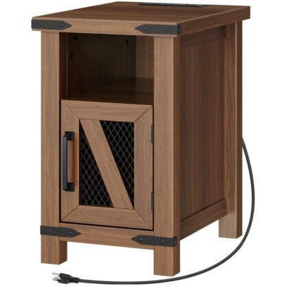 Mesa lateral estrecha de casa de campo con estación de carga, Mesa al final con gabinete de almacenamiento, Mesa de noche con puertos y salidas USB, para espacios pequeños, Sala de estar, Dormitorio, Nuez