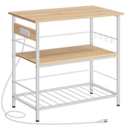 Kitchen Island med lagring, Kitchen Island Table med strømuttak, 3 Tier kaffestasjon og mikrobølgeovnstativ, for hjemmet, Kjøkken og spisestue, Hvit og naturlig