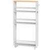 4-tier slim storage cart, narrow kitchen storage cart with wheels and legs, slim rolling storage cart with handle and hooks for bathroom, laundry room, white and natural