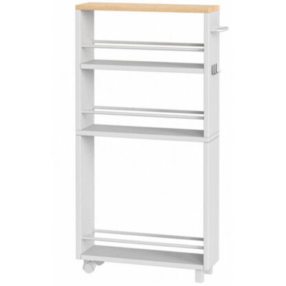 4-carrito de almacenamiento delgado de nivel, Cartro de almacenamiento de cocina estrecho con ruedas y piernas, carro de almacenamiento de rodadura delgada con manija y ganchos para el baño, cuarto de lavado, blanco y natural