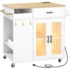 Isola cucina con presa di corrente, Cucina ad isola su ruote, Carrello per isola da cucina con rotelle con luce a LED, Ampio piano di lavoro, Cassetto, Ripiani aperti e portabicchieri, Bianco e naturale