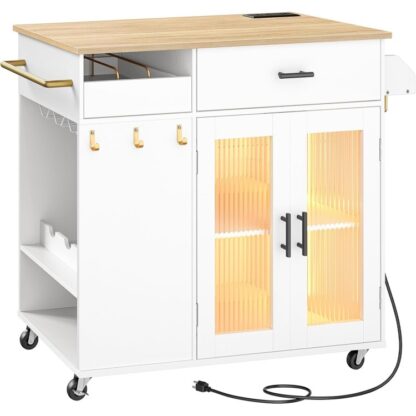 Kitchen Island with Power Outlet, Kitchen Island on Wheels, Rolling Kitchen Island Cart with Led Light, Large Worktop, Drawer, Open Shelves and Cup Holders, White and Natural