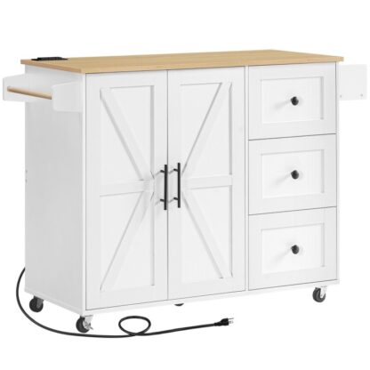 Νησί κουζίνας με έξοδο ισχύος, Kitchen Island on Wheels, Το καροτσάκι του νησιού κουζίνας με 3 Σώβρακο, Υπουργικό συμβούλιο αποθήκευσης και ρυθμιζόμενο ράφι, για σπίτι και κουζίνα, Λευκό και φυσικό