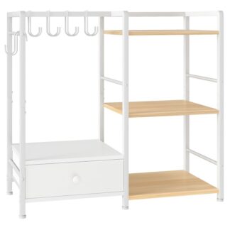 Weißer und natürlicher 3-Tier-Geldbeutel-Organizer für den Schrank, Multifunktionaler Geldbeutelregal mit 6 Haken, Bodenstehende Handtasche Lagerstange mit Schublade, für Garderobe, Foyer, Schlafzimmer