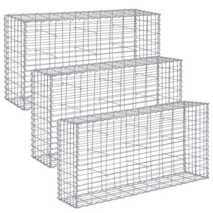Gabion Set de 3 Paniers en pierre, 100 x 30 x 80 cm, Engrenerx10 cm5 cm, Décoration de jardin en acier galvanisé, Argent, avec des entretoises
