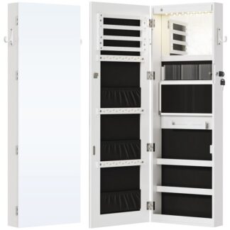 Armadio a specchio a led, Armadio per gioielli montato su parete/porta con specchio a figura intera, Armadietto portagioielli con serratura, Specchio per il trucco a LED integrato, Regalo creativo, Bianco