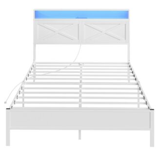 White Full Size Bed Frame, Bed Frame with Charging Station and LED Lights, Headboard with Shelves, Heavy Duty Metal Frame, Noise-Free, Easy Assembly, No Box Springs Needed
