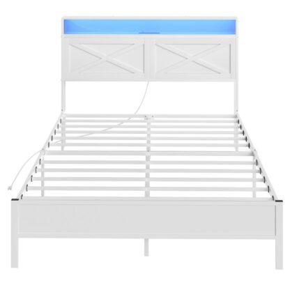 White Full Size Bed Frame, Bed Frame with Charging Station and LED Lights, Headboard with Shelves, Heavy Duty Metal Frame, Noise-Free, Easy Assembly, No Box Springs Needed
