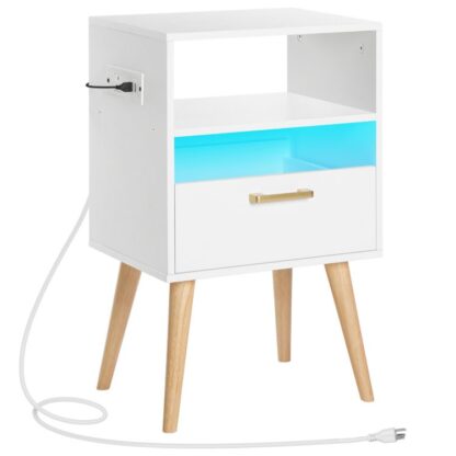 mesa de cabeceira com estação de carregamento e luzes LED, Night Stands com gaveta, Mesa de cabeceira final com portas USB & pontos de venda, mesa lateral para o quarto, Terras de cabeceira lideradas, Para o quarto, branco