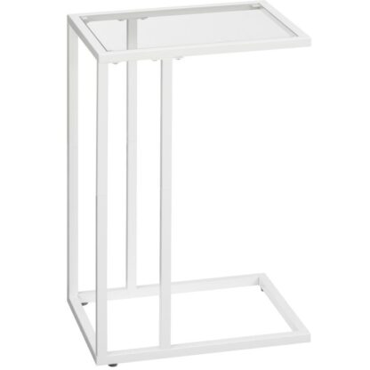 hvitt glass sidebord, C -formet temperert glass snack endebord med metallramme, TV -brettbord for liten plass, sofa sofa og seng, moderne stil, hvit