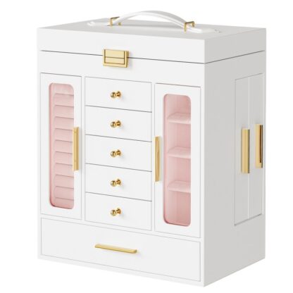 Caixa de joias, Caixa organizadora de joias, Tampa Superior com Espelho, Gavetas removíveis, 10.2" L x 6.5" W x 12.6" H, para você ou seus entes queridos, Branco