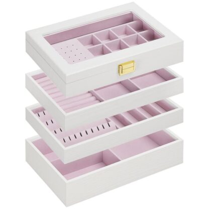 Stackable Jewelry Tray with Lid, 4-Tier Jewelry Box, Drawer Jewelry Organizer Trays, Wooden Jewelry Storage Holder for Earrings, Necklaces, Bracelets, Rings, White