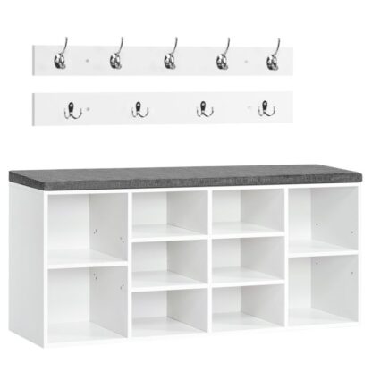 banco de zapatos, banco de almacenamiento con cojín, 10 compartimentos, 9 percheros, banco zapatero, Gabinete de almacenamiento multifuncional para la entrada, pasillo, dormitorio, blanco y gris
