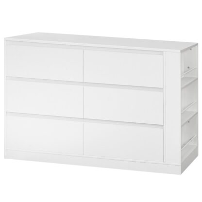 Commode blanche pour la chambre, 6 Tiroirs coffre de tiroirs sans poignée pour placard, Commode de rangement en bois avec étagère à affichage latéral, Faire de tiroirs moderne pour la chambre