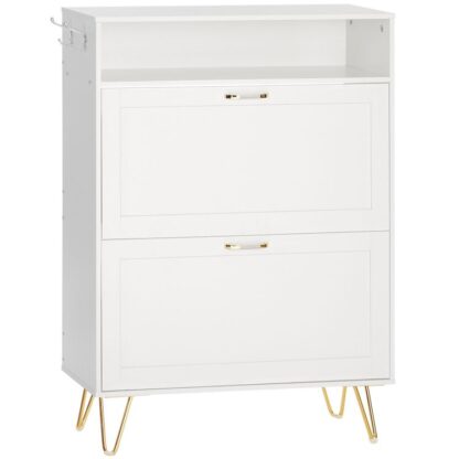 Zapatero, Gabinete de almacenamiento de zapatos para entrada, con 2 Cajones abatibles, Zapatero con cubo basculante oculto, Gabinete organizador de zapatos, con estantes abiertos y ganchos para abrigos, Blanco