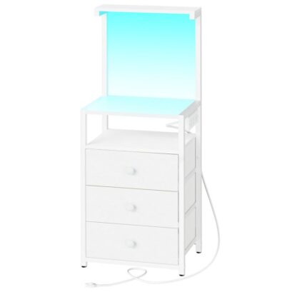 Comodino con stazione di ricarica e luci LED, Comodino LED con prese e porte USB, Tavolino con cassetti in tessuto e ripiani aperti per camera da letto, Bianco