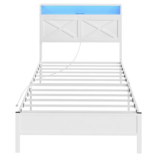 Whitetwin seng ramme, Sengeramme med ladestation og LED-lys, Hovedgærde med hylder, Kraftig metalramme, Støjfri, Nem montering, Ingen boxfjedre nødvendig