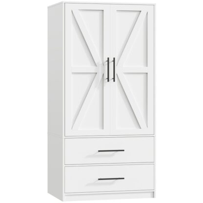 Armário de guarda -roupa com armário com 2 Gavetas, 70.9" Gabinete de guarda -roupa alto com haste suspensa, 2 ARMOIRES DE QUARTO PORTAS, Armário de armazenamento de roupas de casa de fazenda, Armário de madeira para o quarto, Branco