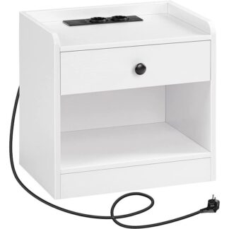 Seastán oíche tarraiceán bán amháin, Tábla cois leapa le stáisiún muirir agus urranna oscailte, Calafoirt agus soicéid USB, seilf stórála, taobh -tábla don seomra leapa, seomra suí, bán