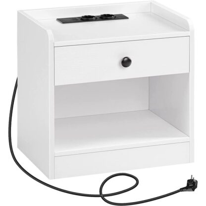 White One Drower Fongile, Tavolo da comodino con stazione di ricarica e scomparti aperti, Porte e prese USB, ripiano portaoggetti, tavolino per camera da letto, soggiorno, bianco