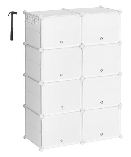 organizzatore di scarpe, 8 scarpone cubo con porta, tiene 32 paio di scarpe, 8 armadio di conservazione delle scarpe di livello per l'armadio, telaio in acciaio, Pannello di plastica, facile da montare, per l'ingresso, corridoio, bianco