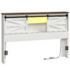 Tête de lit queen pour la chambre, Tête de lit de bibliothèque en bois avec station de charge et lumières LED, Tête de lit à la ferme avec étagère de rangement et portes de grange, Tête de lit pour la reine