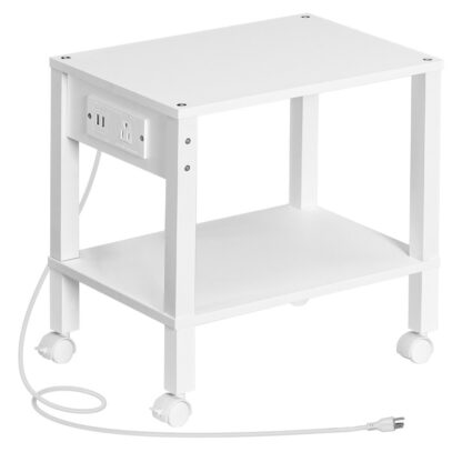 White 2-Tier Printer Stand with Charging Station, Under Desk Printer Table, Printer Cart with Storage Shelves, Printer Shelf for Small Spaces, for Home Office