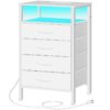 White Nightstand with Charging Station and LED Light, End Table with 4 Fabric Drawers, Bedside Table with Outlet and USB Ports, Tall Night Stand for Bedroom