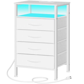 Bílý noční stolek s nabíjecí stanicí a LED světlo, Konec stolu s 4 Zásuvky na textilie, BEDSIDE STABLE S PŘÍBĚHY A USB, Tall Night Stand for Bedroom
