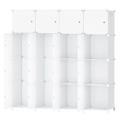 Modular Kleederschaf, 16 Wierfel Plastik Kleederschaf mat Dieren, Portable Kleederschaf mat 2 Hänkbar Baren, Raumspueren fir Wunnzëmmer, Schlofkummer, Entrée, Wäiss