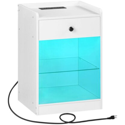 Noční stojan s nabíjecí stanicí a LED světla, Boční stůl se zásuvkou a úložnou policí, koncová tabulka s porty a vývody USB, pro malý prostor, ložnice, bílý