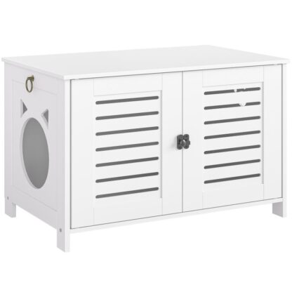 Gabinete moderno de caixa de areia de gato, banheiro branco escondido no banheiro, bandeja de ninhada de madeira com 2 portas, Banco de armazenamento de móveis para gatos internos para sala de estar, banheiro, armário de lixo respirável