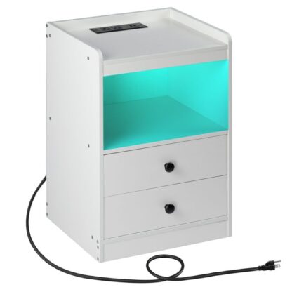 Tavolino con stazione di ricarica e luci a LED, Comodino con cassetti e ripiano portaoggetti, Tavolino con porte e prese USB, per piccoli spazi, Camera da letto, Bianco