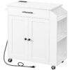 Isola della cucina con outlet elettrico, Isola di stoccaggio della cucina con rastrelliere e cassetto, carrello da cucina rotolante su ruote, per casa, cucina e sala da pranzo, bianco