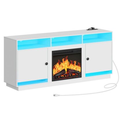 LED ışıkları ve elektrik prizleri ile elektrik şömine TV standı, 32 için beyaz TV konsolu" 43" 50" 55" 65", Depolama ve ayarlanabilir cam raflarla eğlence merkezi, beyaz