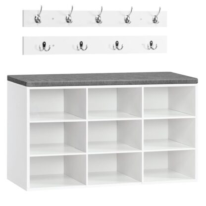 Schongbänk, Cubby Entrée Späicherbank mat Këssen, Mantel Rack, Salber Grëff, 31.5" multifunktionnell Schéisseracken, Späicheren Cabinet fir Entrée, Schlofkummer, Gang, wäiss a gro
