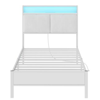 White Twin Bed Frame with Upholstered Headboard, Metal Platform Bed Frame with Storage Headboard, Bed Frame with Charging Station and LED Light
