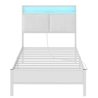 White Twin Bed Frame with Upholstered Headboard, Metal Platform Bed Frame with Storage Headboard, Bed Frame with Charging Station and LED Light