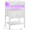 White Nightstand with Charging Station and LED Light, End Table with Adjustable Fabric Drawer, Bedside Table with Storage, 3-Tier Side Table for Living Room, Bedroom