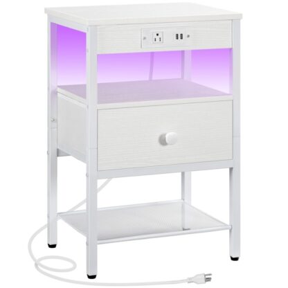 Comodino bianco con stazione di ricarica e luce a LED, Tavolo finale con cassetto in tessuto regolabile, Comodino con contenitore, 3-Tavolo laterale di livello per soggiorno, Camera da letto