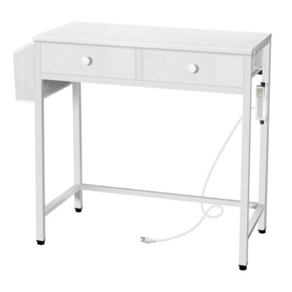 Piccolo banco di computer bianco con alimentazione, 32 Scrivania per computer da ufficio in pollici con 2 Cassetti in tessuto, Scrivania studio per piccoli spazi, con tasca laterale, per studio, Soggiorno, Bianco